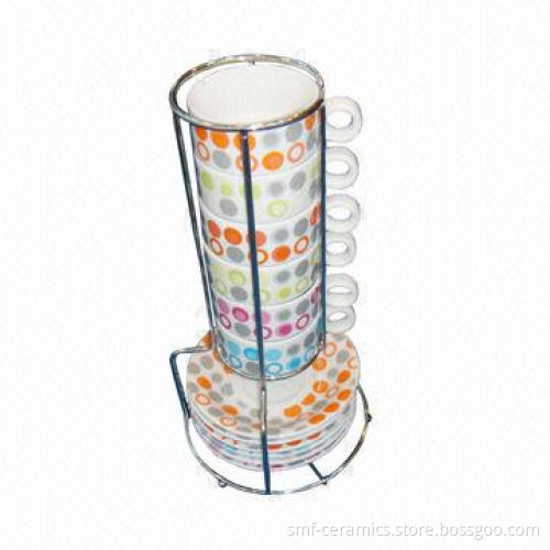 120cc Porcelain Cups and Saucers with Iron Stand Pack, Dishwasher- and Microwave-safe